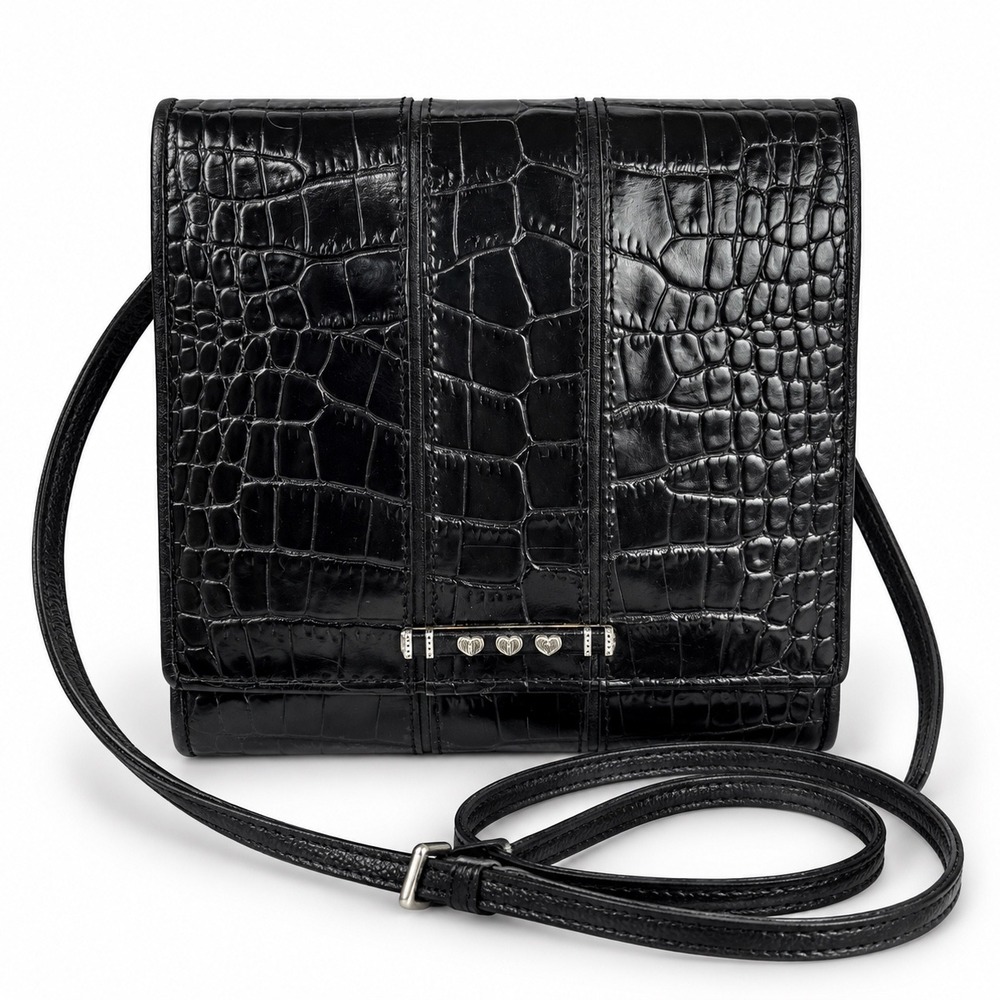 VTG Brighton Crossbody Organizer Purse Small Black Croc Embossed Leather Heart